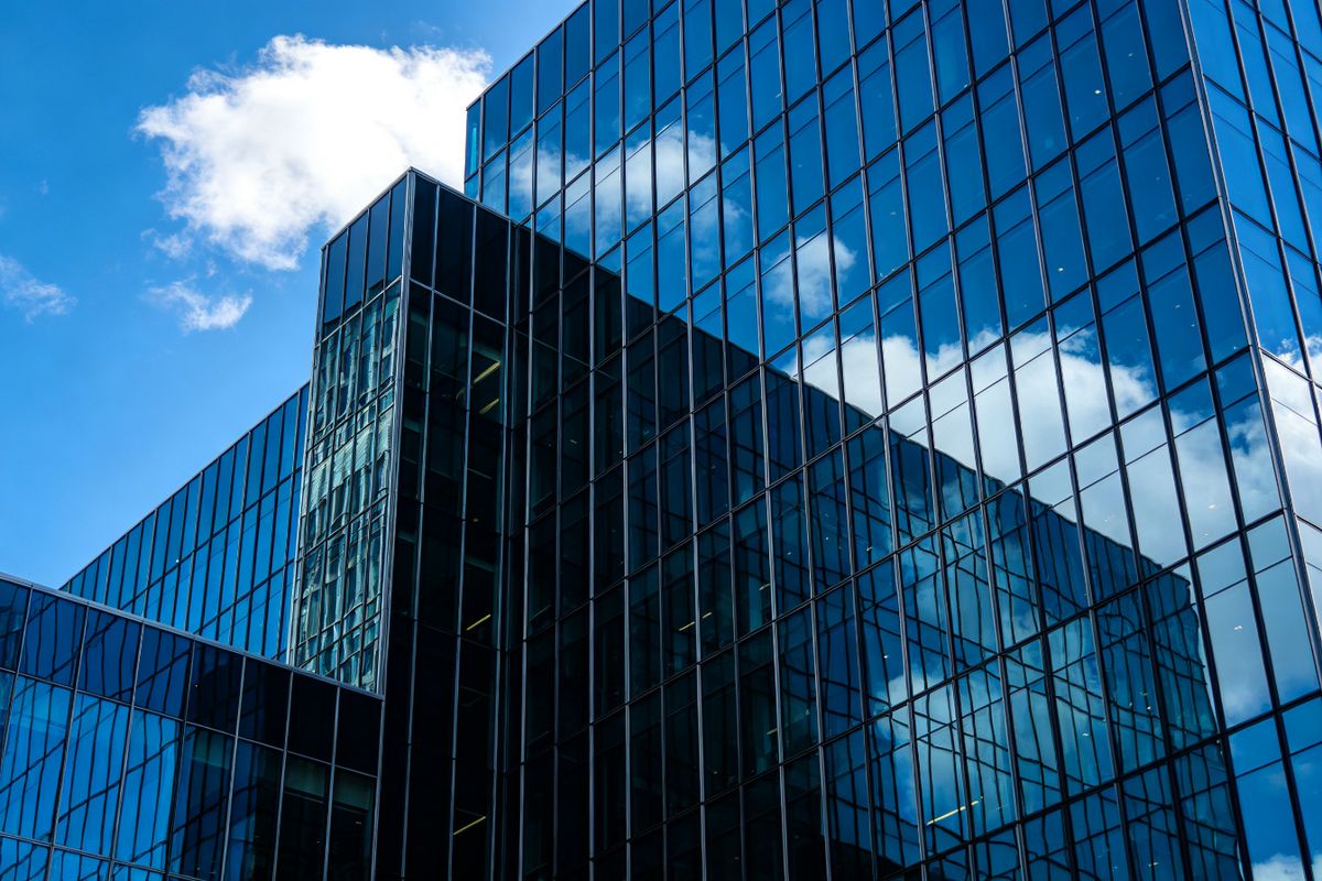 Modern commercial building with glass curtain wall