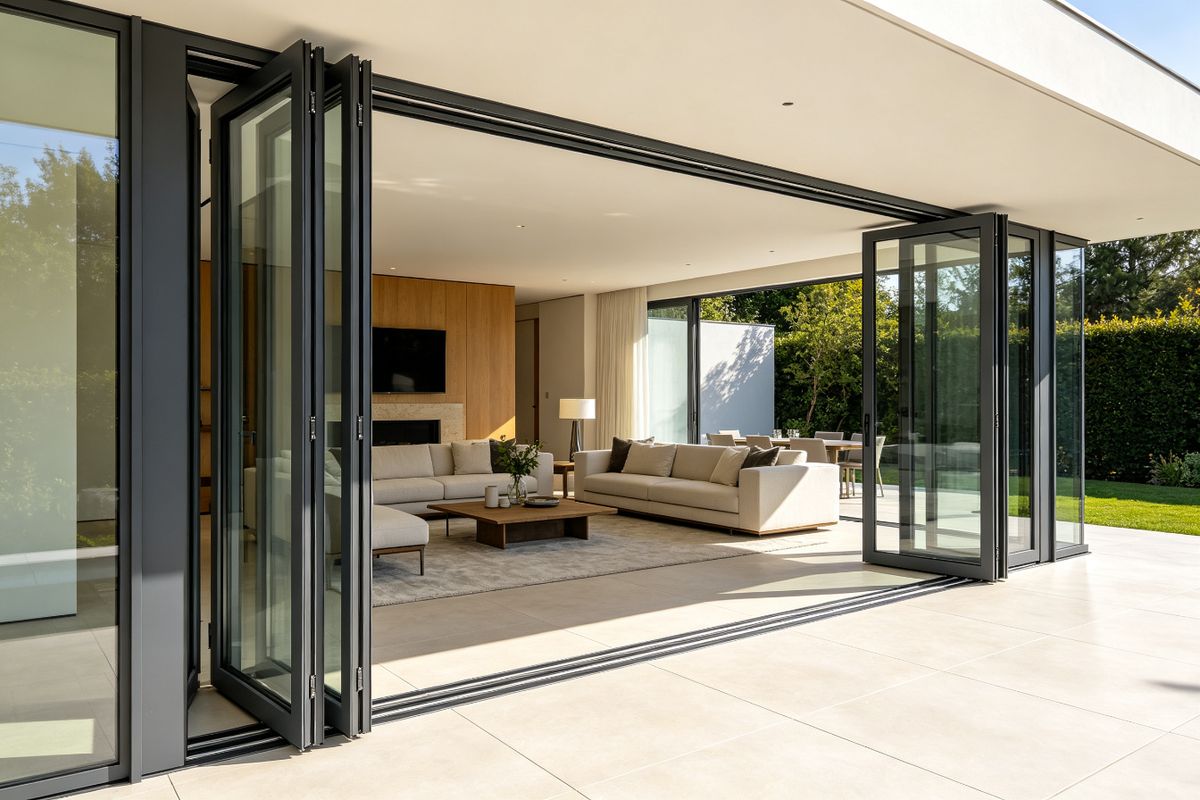 Folding doors fully opened to connect indoor and outdoor spaces